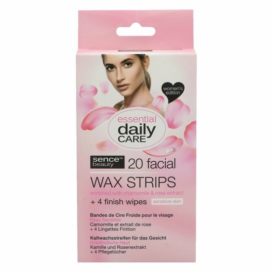Roze verpakking met daarop een vrouw en tekst. Sence beauty essential daily care 20 facial wax strips, verrijkt met kamille & rozenextract.