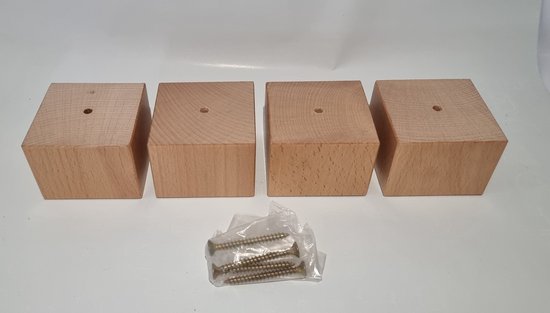 Set van 4 stuks houten meubelpoten Natuurkleur beuken 6 cm hoogte 7x7 cm met schroeven Boxspring bedden banken