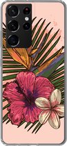 Geschikt voor Samsung Galaxy S21 Ultra hoesje - Bloemen - Tropisch - Roze - Siliconen Telefoonhoesje