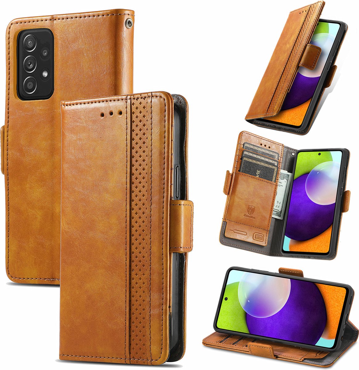 Stijlvol Tweekleurig PU-leer Wallet Flip Case + PMMA Screenprotector voor Galaxy A52 (4G/5G) _ Lichtbruin