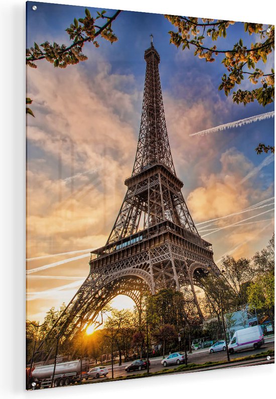 Artaza Glasschilderij - Eiffeltoren In Parijs Tijdens Zonsondergang - 80x100 - Groot - Plexiglas Schilderij - Foto op Glas