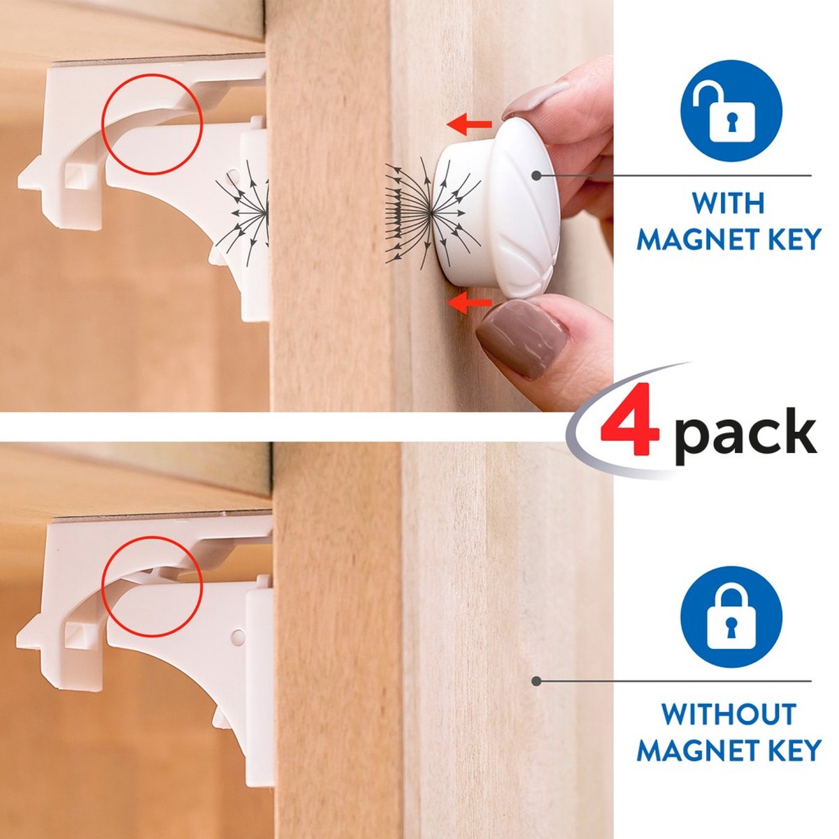 Kinderslot Magnetisch - Magneetslot Baby Kinderbeveiliging Voor Kasten Lades & Deuren - Kinderveiligheid - Magneet Kastbeveiliging Voor Kinderen - Ladeslot Veiligheidshaakjes - Kastsloten Zelfklevend - Set Van 4 Stuks Met Sleutel - 5KG Trekkracht – foto 2