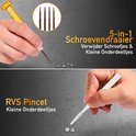 Gouden 5-in-1 schroevendraaier voor kleine schroefjes. RVS pincet pakt kleine onderdelen op.