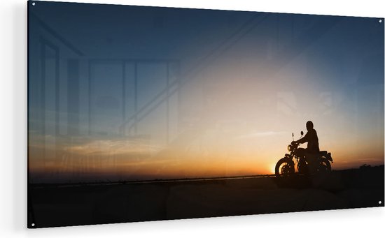 Artaza Glasschilderij - Silhouet Van Een Motor Bij Zonsondergang - 140x70 - Groot - Plexiglas Schilderij - Foto op Glas