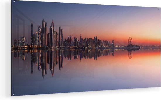 Artaza Glasschilderij - Skyline Dubai Stad bij Zonsondergang - Plexiglas Schilderij - Foto op Glas
