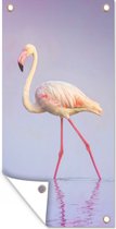 Tuinposter Flamingo - Water - Roze - 30x60 cm - Tuindoek - Buitenposter
