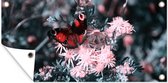 Affiche clôture Papillon paon sur fleurs roses - 200x100 cm - Toile de jardin