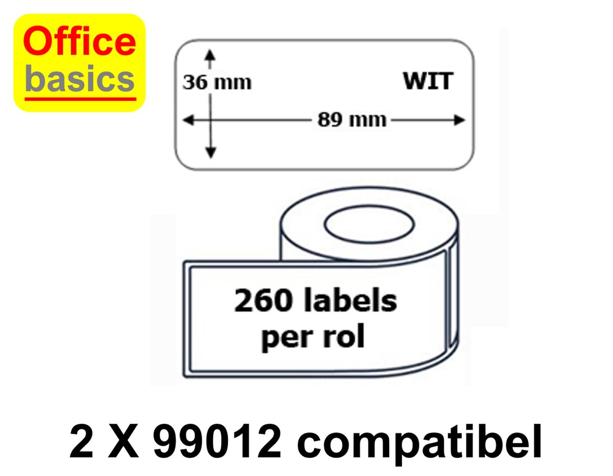 2 x Etiket 99012 - Dymo Compatibel - 36x89mm - rollen 260 labels