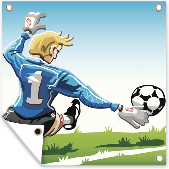 Tuindoek Een illustratie van een keeper die de voetbal stopt - Jongens - Meisjes - Kinderen - 100x100 cm