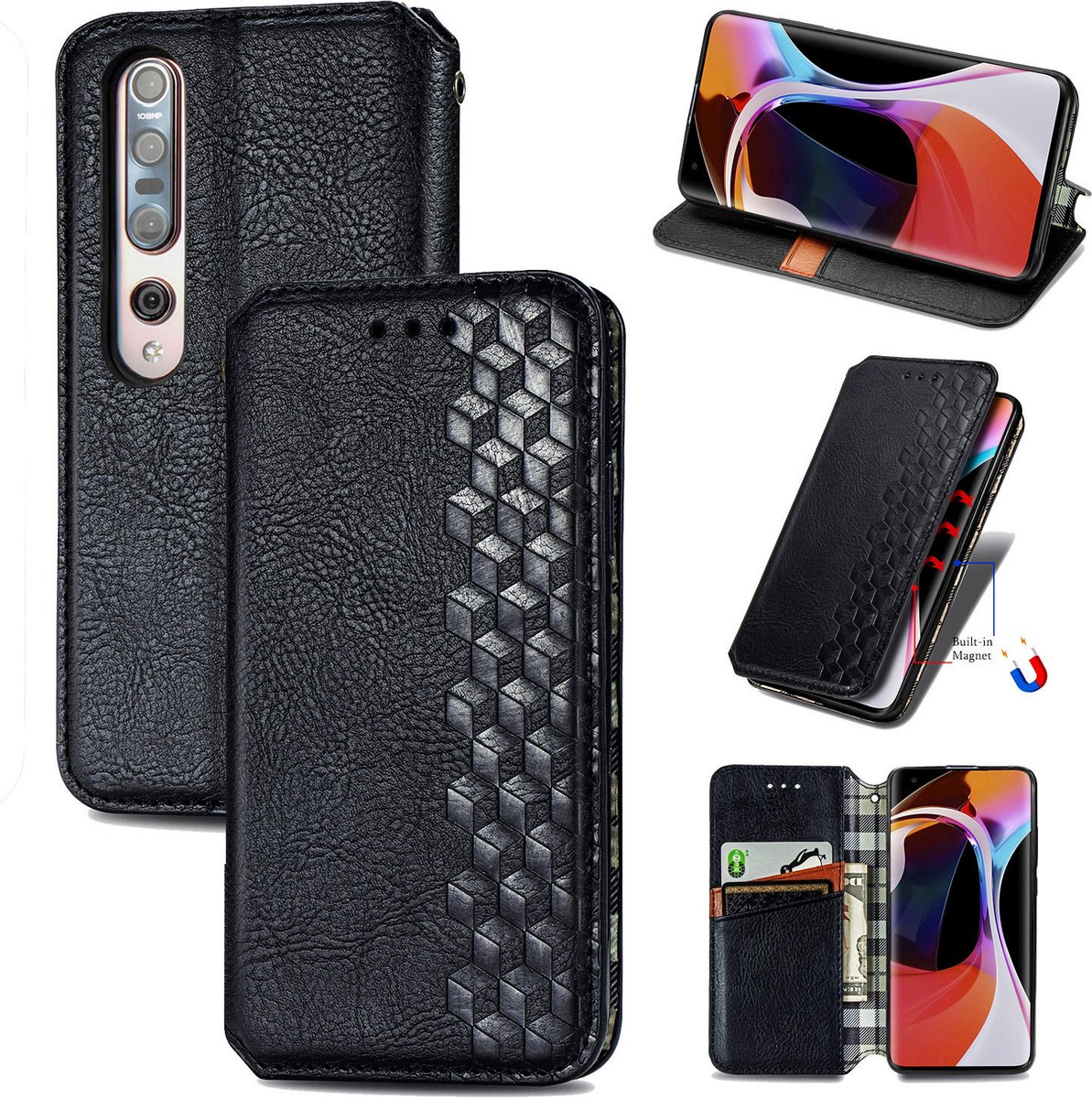 Luxe PU Lederen Ruitpatroon Wallet Case + PMMA Screenprotector voor Xiaomi Mi 10 5G _ Zwart