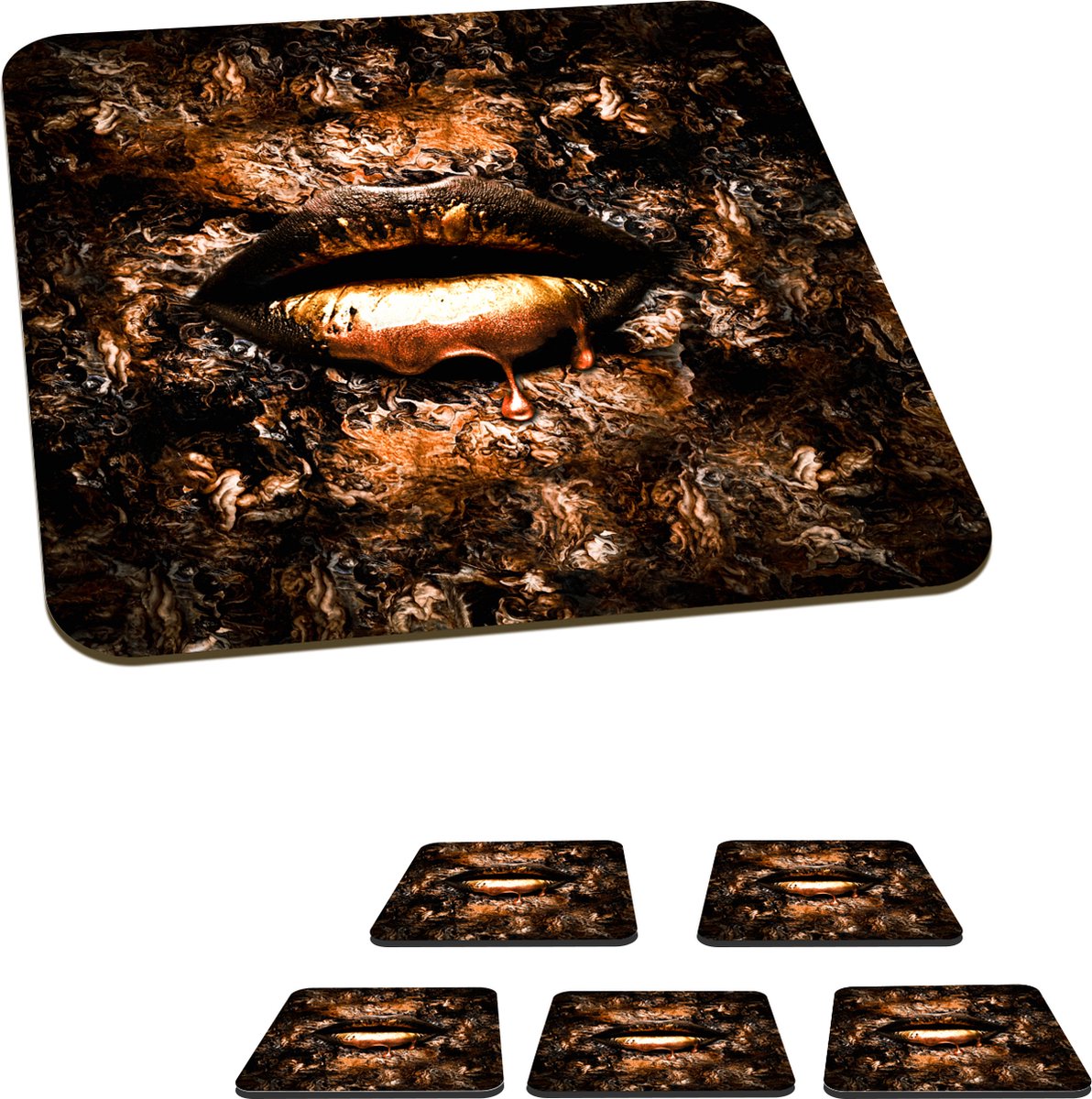 Onderzetters voor glazen - Verf - Lippen - Koper - 10x10 cm - Glasonderzetters - 6 stuks