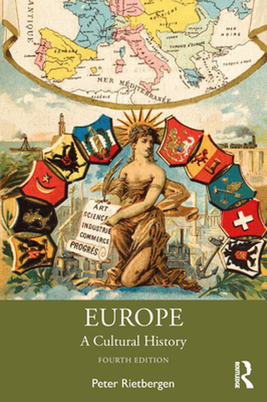 Boekomslag met een antieke kaart van Europa, een allegorische vrouw met een rol met 'ART, SCIENCE, INDUSTRIE, COMMERCE, PROGRES' en wapenschilden.