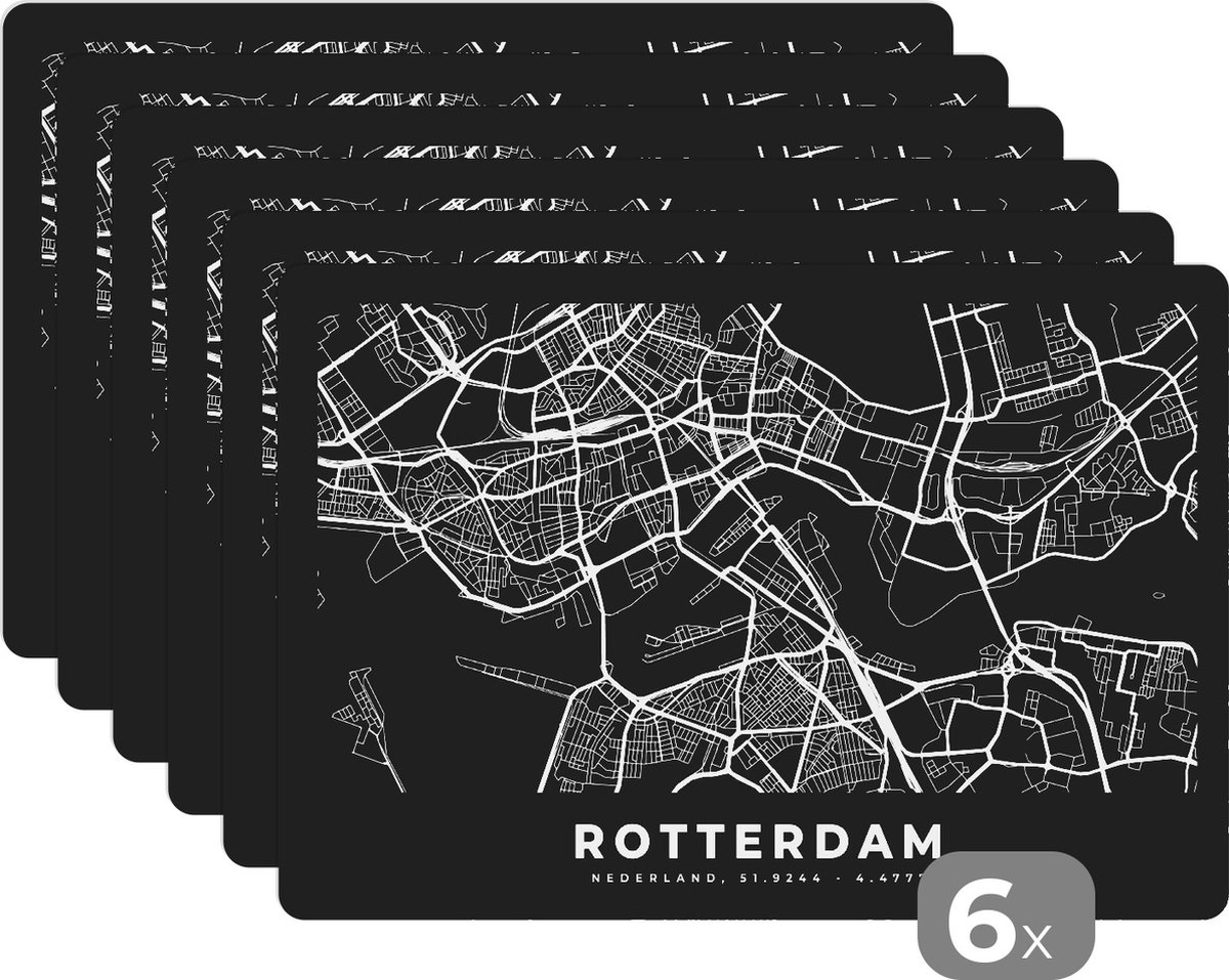 Placemat - Placemats kunststof - Rotterdam - Stadskaart - Zwart - 45x30 cm - 6 stuks - Hittebestendig - Anti-Slip - Onderlegger - Afneembaar