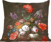 Sierkussens - Kussentjes Woonkamer - 40x40 cm - Stilleven met bloemen en een horloge - Schilderij van Abraham Mignon