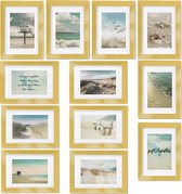 bomoe Ocean Set van 12 Fotolijsten Houten Picture Frames – 12 x 13x18cm – Kunststof glas Fotolijst van Hout - Metalen Ophanging - Standaard & Passepartout - Goud