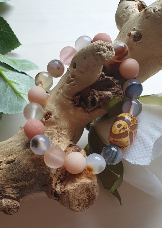 Amazonite rose faite à la main de 8 mm avec une perle d'agate tibétaine, bracelet de pierres précieuses pour femme, bracelet unique élégant, bijoux