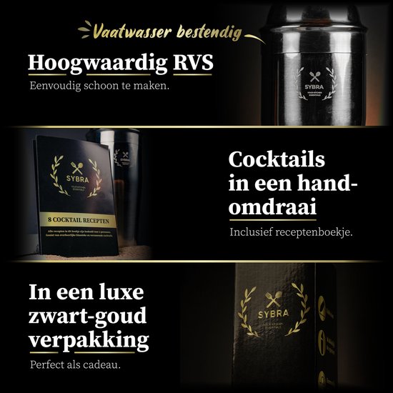 Sybra Cocktail Shaker Set - 6 delig - Cocktail shaker 750ML - Cocktail boek -  Roestvrijstaal - Geschenkverpakking - Opbergzakje