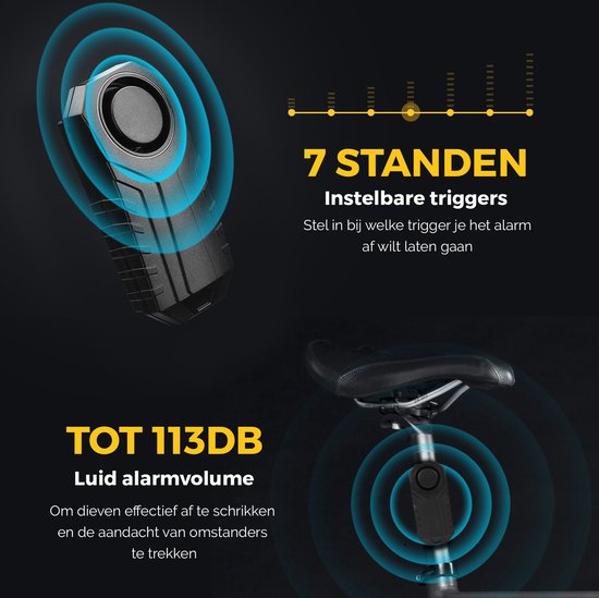 Fietsalarm met instelbare triggers en 113dB volume, opgelicht door blauwe cirkels.
