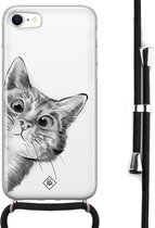 iPhone SE 2020 hoesje met koord - Kiekeboe kat | Apple iPhone SE (2020) crossbody case | Zwart, Transparant | Marmer