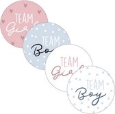 32x Sluitsticker Team boy/girl | 4 designs | 40 mm |  Gender reveal | Geboorte Sticker | Sluitzegel | Sticker Babyshower | Dadyshower | Baby nieuws | Zwangerschap |Luxe Sluitzegel