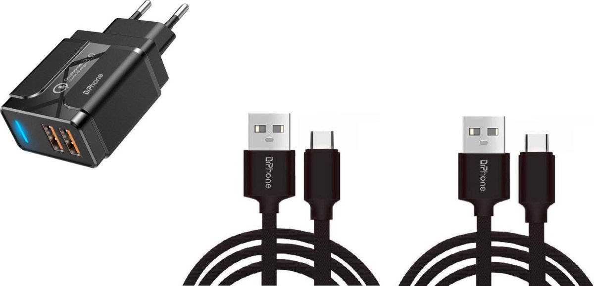 DrPhone PS-Y - 2x 2 Meter Kabel - USB-C - Oplaadkabel – 18W Dubbele Qualcom 3.0 Quick Charge - Adapter - Snel Lader – Zwart - DrPhone