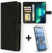 Apple iPhone 13 Pro Case Zwart & 1 Piece Full Glass Screen Protector - Wallet Book Case - Card Holder & Magnetic Tab