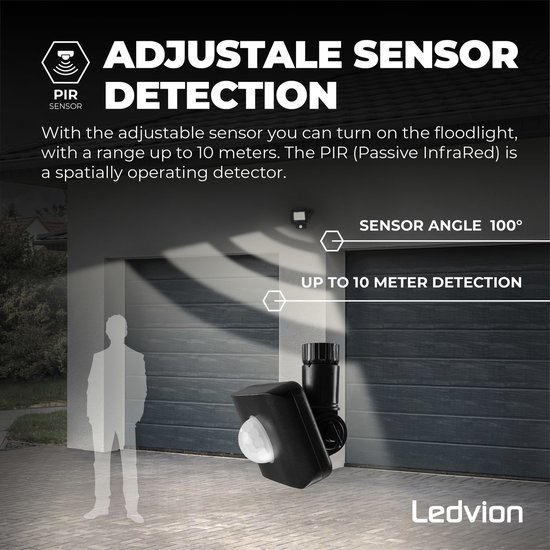Projecteur LED noir avec capteur réglable, détection à 100° jusqu'à 10 mètres.