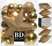 Kerstversiering kunststof kerstballen en hangers goud 5-6-8 cm pakket van 39x stuks - Met ster vorm piek van 19 cm