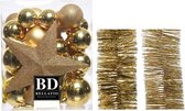 Kerstversiering kunststof kerstballen 5-6-8 cm met ster piek en folieslingers pakket goud van 35x stuks - Kerstboomversiering