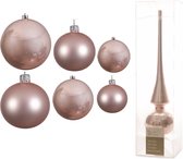 Groot pakket glazen kerstballen lichtroze glans/mat 50x stuks - 4-6-8 cm incl piek glans 26 cm