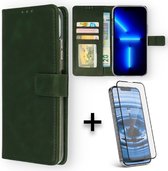 iPhone 13 Pro Hoesje Groen & 1 Stuk Volledige Glazenscreen protector - Portemonnee Book Case - Kaarthouder & Magneetlipje