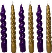 Set van 6 Gedraaide Kaarsen – Spiral kaarsen – Twisted kaarsen – Dinerkaarsen - Mat Goud - Paars