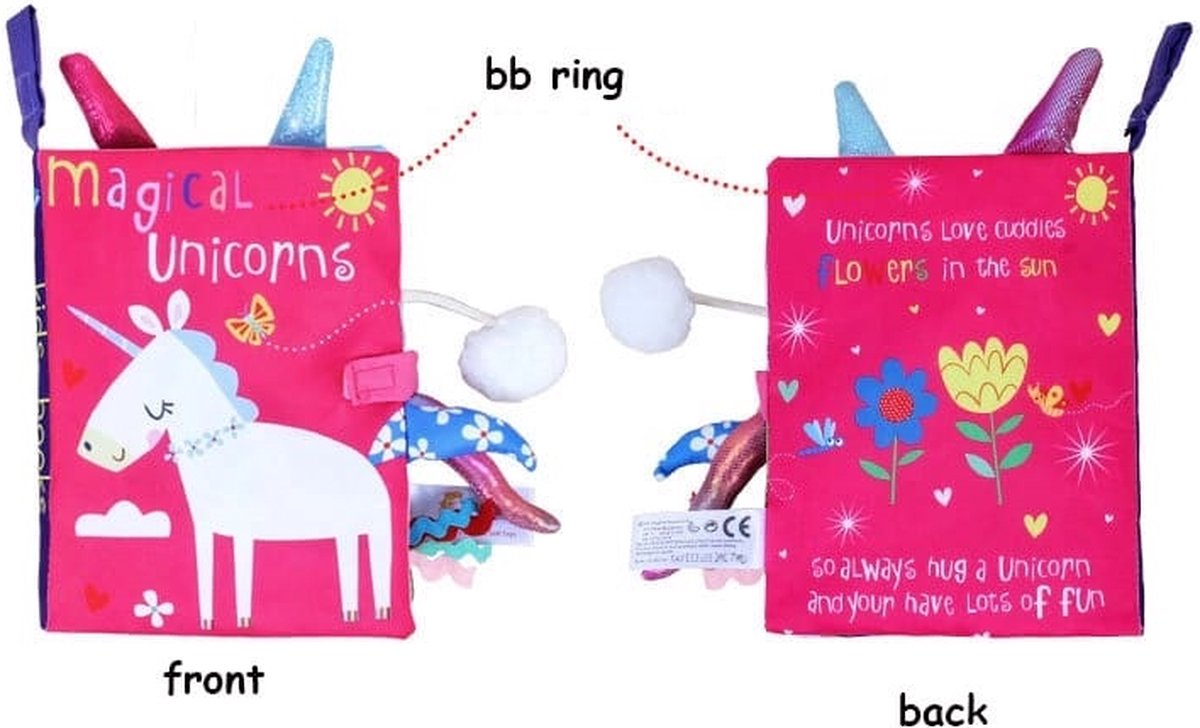 Afbeelding van product Babysweet  3D Unicorn stoffen boekje- baby- unicorn- babyboekje puzzel- peuter activiteit- leerzam-kind-cadeau-papier geluid