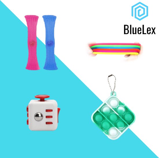 BlueLex® Premium Fidget toys pakket onder de 15 euro - Fidget toys pakket goedkoop - 4 stuks - POP IT + FIDGET CUBE + STRETCHY STRING + MARBLE AND MESH - BlueLex
