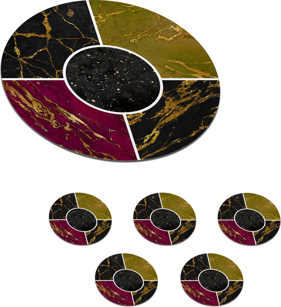 Onderzetters voor glazen - Rond - Marmer - Goud - Collage - 10x10 cm - Glasonderzetters - 6 stuks