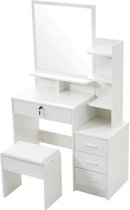 Vanitzee® Make Up Tafel met Spiegel - Toilettafel - Kaptafel met Spiegel - Dressing Table - Opmaaktafel - Vanity Spiegel - Wit Incl. Kruk