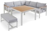 BOCARNEA YUZU DINING tuinmeubelset in aluminium - Met hoge tafel - 7 plaatsen - Parelgrijze kussens