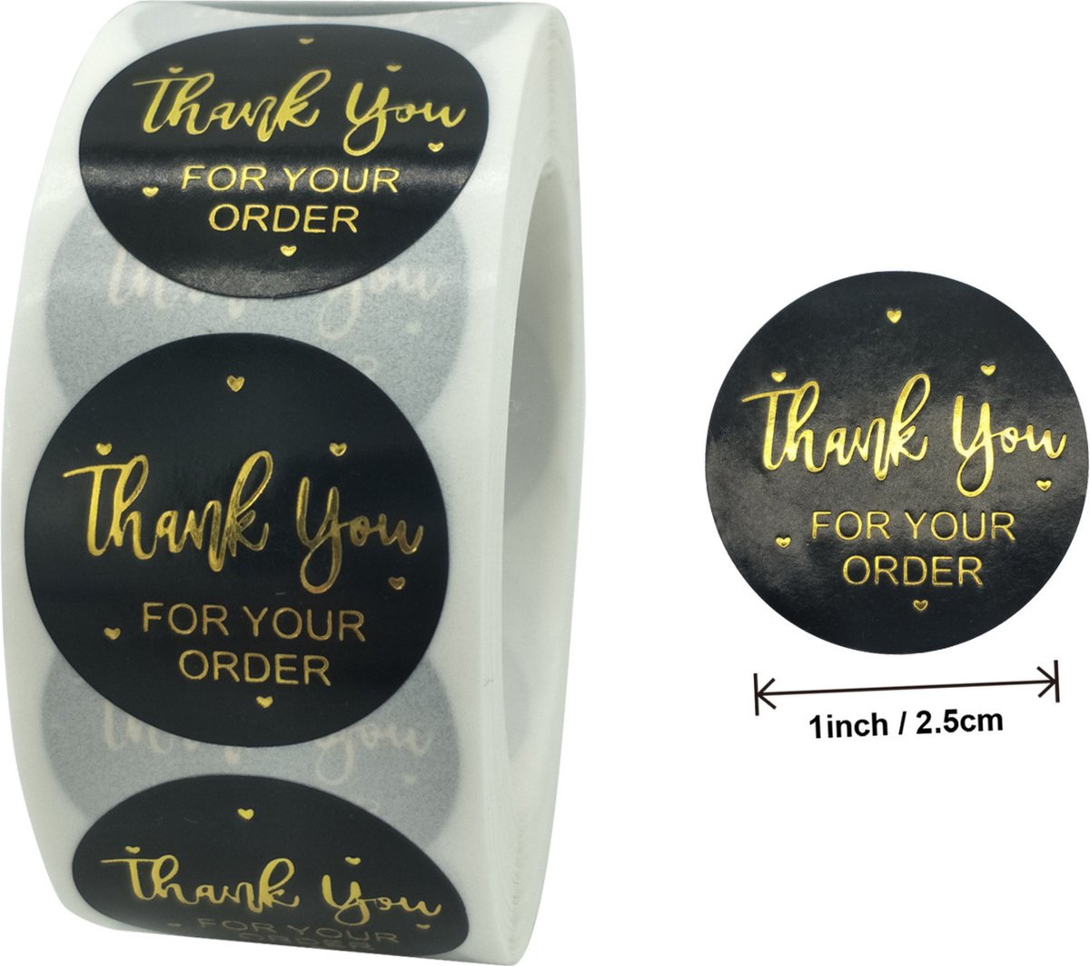 Thank you stickers - 500 stuks - 25 mm - Bedankt stickers - Small business packaging - Thank you stickers op rol - Sluitstickers - Sluitzegel - Verpakkingsmateriaal - Stickerrol - Thank you for your order - Zwart/Goud