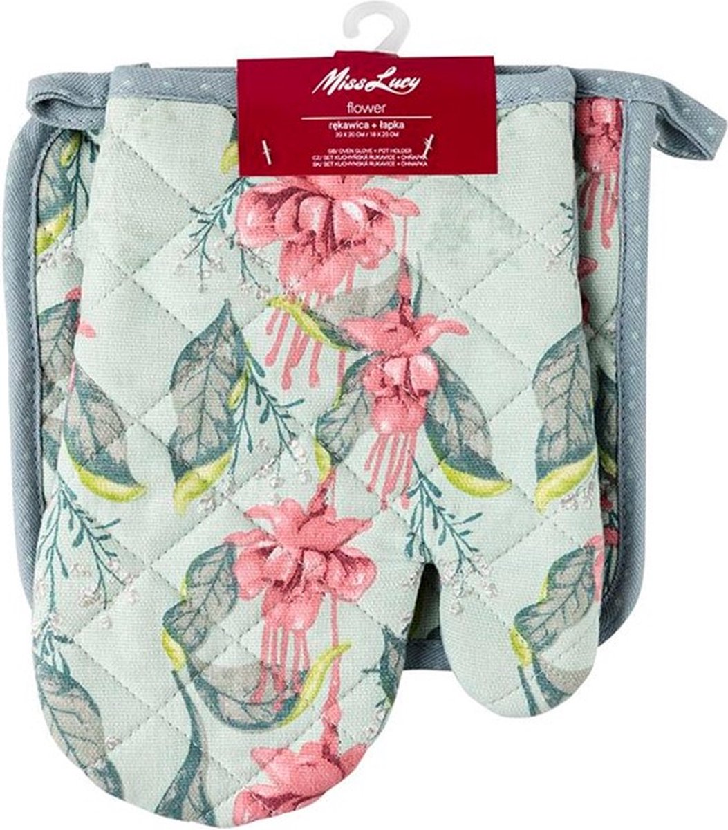 Miss Lucy Flower set van 2 ovenwanten - Ovenhandschoenen - Pan lap - Keuken textiel - Keukenhandschoen - Groen