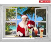 D&C Collection - 90x65 cm - kerst poster voor buiten - doorkijk - wit venster met kerstman en cocktails - strand - winter poster - kerst decoratie