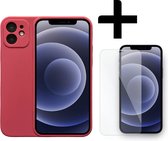 iPhone 12 Hoesje Rood Siliconen Case Met Extra Camera Bescherming Inclusief 1x Tempered Glass Screenprotector - Rood - Geschikt voor iPhone 12 - Smartphonica