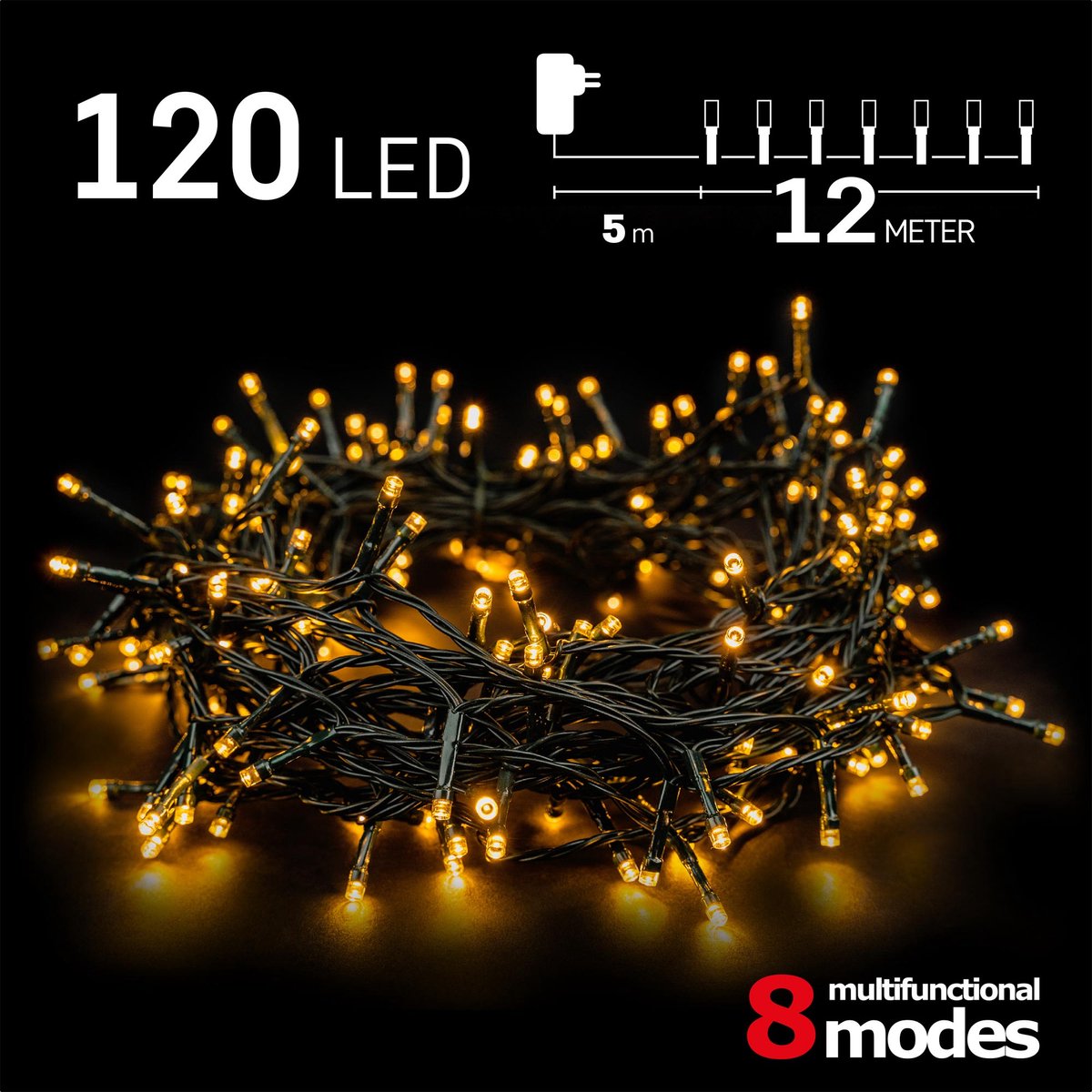 Kerstverlichting buiten - 12 meter 120 LED - Warm Wit - 8 modi - Lichtsnoer - IP44 Stekker - Kerstboomverlichting - geschikt voor binnen en buiten - kerstverlichting led