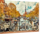 Fietsen op een brug over de grachten van Amsterdam - Foto op Plexiglas - 90 x 60 cm
