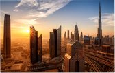 Skyline van Dubai met de Burj Khalifa bij zonsopgang - Foto op Forex - 90 x 60 cm