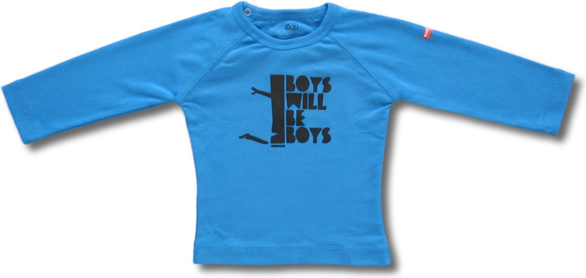 Twentyfourdips | T-shirt lange mouw kind met print 'Boys will be boys' | Blauw | Maat 86 | In giftbox
