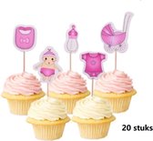 Baby girl prikkers - Versiering meisje 20 stuks cupcake toppers - Geboorte - Taart - Cake - Taart - babyshower topper - Prikkers+ 10 stuks roze ballonnen| Babyshower - Geboorte - K