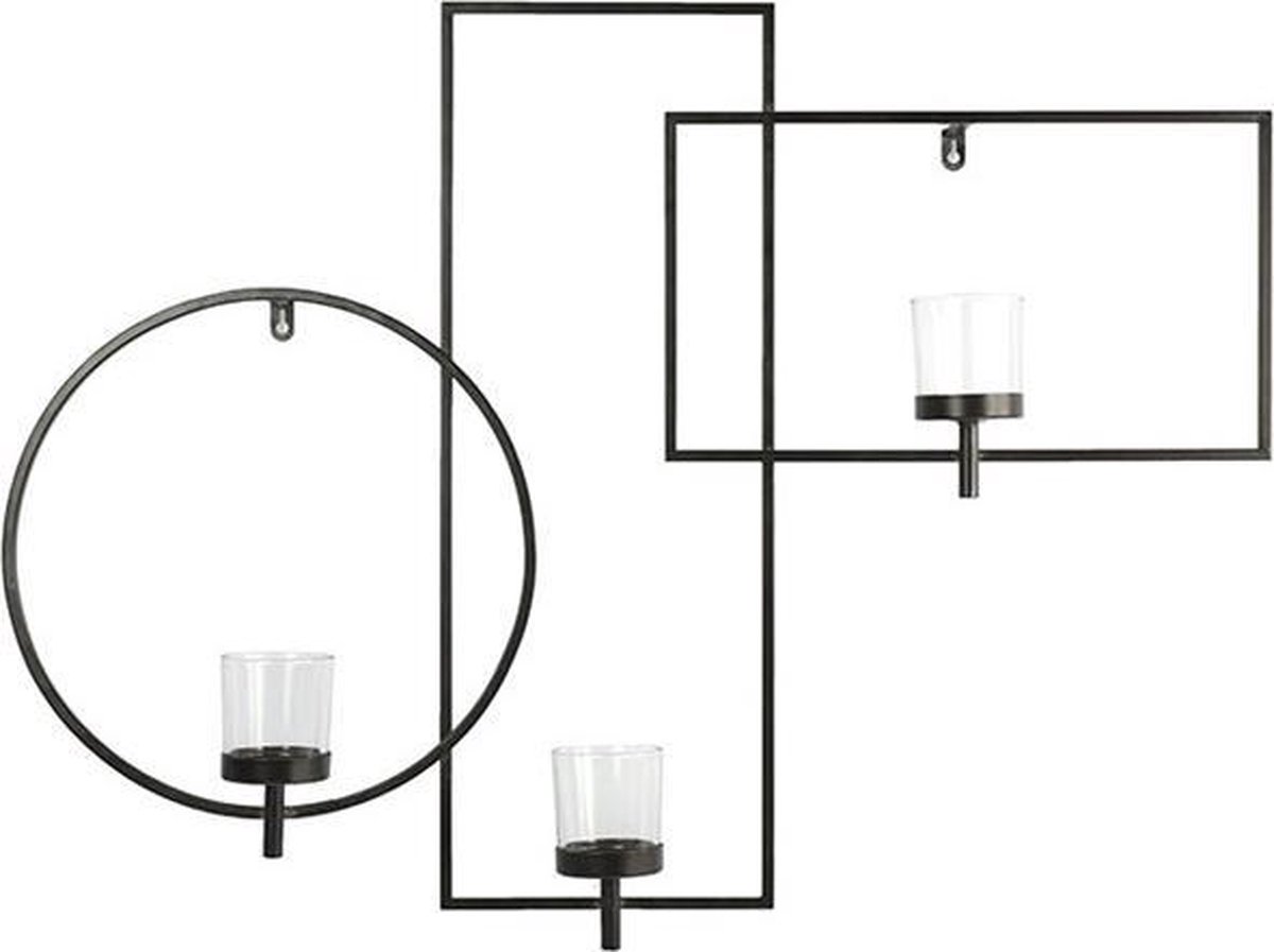 Wand decoratie - Waxine houder - 11x82.5x62.5cm - Zwart - Metaal - incl 3 glas - industrieel