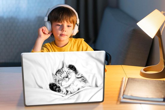 Sticker ordinateur portable - 13,3 pouces - Chaton endormi - noir et blanc