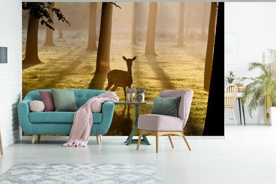 Papier peint - Papier peint Papier peint photo Cerf - Forêt - Soleil - Largeur 390 cm x hauteur 260 cm