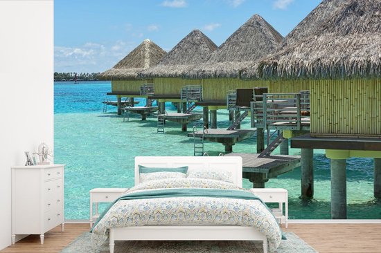 Behang - Fotobehang Waterbungalows op Bora Bora - Breedte 360 cm x hoogte 240 cm